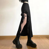 Ebbgo  Sexy Black Bodycon Long Skirt Women Gothic Ruffles Patchwork Split High Waist Slim Irregular Midi Skirts Y2k Streetwear