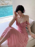 Ebbgo  -  New Elegant Fashion Summer Pleats Dresses for Women Drawstring Evening Party Korean Pink Bodycon Female Clothing