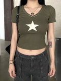 Ebbgo  2024 Summer New Vintage Green V-neck T-shirts Sexy Crop Top Slim Fit Tops Women Y2k Grunge Hoodie Short Sleeve Tee Shirt