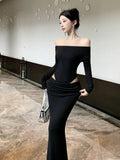 Ebbgo  -  Autumn Sexy Slash Neck Hollow Out Midi Dress Women Casual Off Shoulder Slim Bodycon Vestidos Elegant Chic Evening Party Clothing