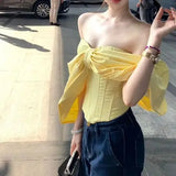 Ebbgo  -  Women's Yellow Crop Top Fashion Vest Aesthetic Corset Top Solid Color Sleeveless Off Shoulder T-shirt Y2k 2000s Clothes Summer