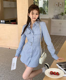 Ebbgo  -  Two Piece New Stripe Slim Women Dress Sexy Sweet Casual Long-Sleeved Dress Woman Blue Street Chicly Shorts Suit