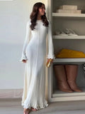 Ebbgo  -  fall outfits Women Elegant Ruffle Hem Knit White Long Dress O-neck Flare Long Sleeve Backless Bandage Dresses New Evening Party Robes