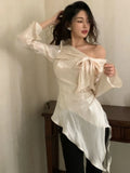 Ebbgo  Y2k Aesthetic Pleated Skew Collar Solid Women Blouse Sexy Slim Grunge Bandage Bow Shirt Harajuku Irregular Streetwear Blusas