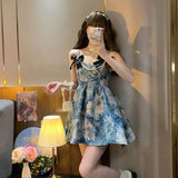 Ebbgo  -  Summer New French Elegance High End Bow Strap Dress Printed Dress Waist Waist Slimming Princess Short Skirt