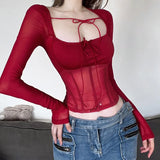 Ebbgo  Red Sexy Perspective Bright High Street Confident Mature Beautiful Women's Winter Basic Fishbone Short Top Thin Shirt