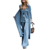 Ebbgo  -  Three Piece Sets Fashion Long Cardigan Cover Up V-Neck Sling Tank Undershirt Whit Straight Pant Suit Causal Loose Solid Sets