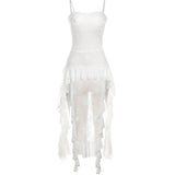 Ebbgo  Sexy Lace Sheer Suspenders Shirts Y2k Off-Shoulder Ruffle Tops Streetwear Chic Club Party Lady Tank Top Casual T-shirt For Women