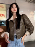 Ebbgo  Retro Turndown Collar Motorcycle Leather Jacket Women Fashion Korean Single Breasted Cool Spring Loose Versatile Female Coat New