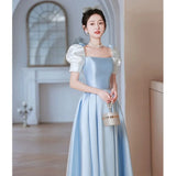 Ebbgo  -  Princess Satin dress Evening Dresses Blue Satin puff sleeve gala Party Ball Gown L0732