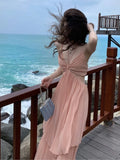 Ebbgo  Summer New Fashion Women Sexy Pleated  Boho Long Dress Vacation Beach Strap A line Ladies Robe Sundress