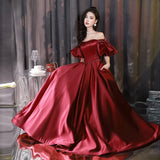 Ebbgo  -  Party dresses Gala ballgown Dinner evening dress red Princess Red satin off-Shoulder L046