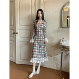 Ebbgo  Women's Clothing Check Dress New Chinese Style Tea Break French Style Contrast Color Chic Unique Female Temperament Lace Skirt