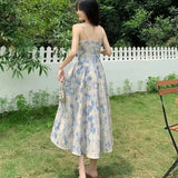 Ebbgo  -  Summer New Large French Floral Waist Strap Dress with Luxury Medium Length Dress