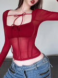 Ebbgo  Red Sexy Perspective Bright High Street Confident Mature Beautiful Women's Winter Basic Fishbone Short Top Thin Shirt