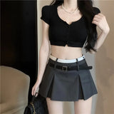 Ebbgo  Summer  New Design Sense High Waist Thin A-line Pleated Short Skirt Anti-light Texture Suit Short Skirt