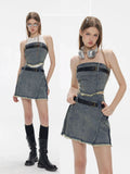 Ebbgo  -  Women's Summer Sexy 2 pcs Sets Off Shoulder Denim Tops+High Waist Pleated Jean Skirt Set