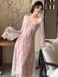 Ebbgo  France Romantic Lace Patchwork Dress Women's Solid Lace Up A-line Party Prom Vestidos Summer Casual Sweet Korean Clothes