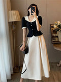 Ebbgo  -  Summer New Elegant Sets Vintage Short Sleeve Blouse+High Waist Midi Skirts 2 Pieces Suits Casual Korean Office Ladies Suits