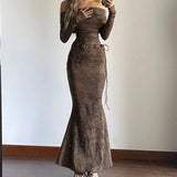 Ebbgo  Fashion Brown Off Shoulder Dress for Women Summer Slim Waist Bodycon Fish Tail Dresses Y2k E-Girl Long Sleeve Vestidos Mujer