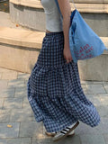 Ebbgo   Vintage Ruffled Plaid Long Skirts Womens Spring Summer Streetwear Casual Sweet Elastic Waist A-Line Skirts 2024 New