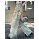 Ebbgo  Women Blue Ripped Jeans High Waist America Feeling Street Wide Leg Pants Y2K Vintage Ins Straight Baggy Plus Size Denim Trousers