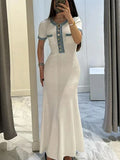 Ebbgo  -  Knitted Ribbed Long Dress Women V Neck Denim Patchwork Short Sleeve Pockets Buttons Bodycon Maxi Dresses Lady Slim Fit Robe