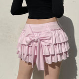 Ebbgo  Pink Bow Pleated Mini Skirts Y2k Solid A-line Skirts Kawaii Lolita Ruffle Skirts Sexy Ballet Skirts Casual Short Dress For Women