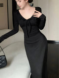 Ebbgo  Elegant Solid Knitted Dress Women Ruffles V-neck Lace-up Long Sleeve Slim Casual Female Korean Fashion Sexy Midi Vestidos Mujer