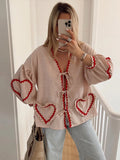 Ebbgo  -  Lace Up Shirts Women Elegant Pink Loose Cute Love Top Female Spring Summer V-neck Long Sleeve Chic Soft Cotton Shirt Lady