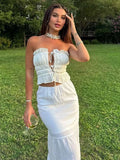 Ebbgo  -  Mesh Pleated Ruffles Bow Tube Tops Women White Off Shoulder Hollow Out Backless Crop Camis Summer Fashion Lady Streetwear