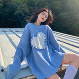 Ebbgo  -  Women's Blue O-Neck Pullover Knit Sweater Harajuku Y2k Long Sleeves Loose Sweater Vintage 90s 2000s Aesthetic Fashion Clothes