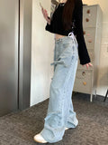 Ebbgo  Vintage Y2k Bow Washed Baggy Jeans Streetwear Women Korean Fashion Loose High Waisted Straight Wide Leg Denim Pants