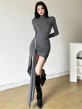 Ebbgo  -  Spring New Simple Sexy Irregular Dress Women's Elegant Bodycon Gray High Split Runway Dresses Autumn Long Sleeve Modern Clothes