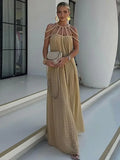 Ebbgo  -  Khaki Hollow Out Lace Up Backless Women Long Dress Sexy Off Shoulder Sleeveless Maxi Dresses Summer Party Vacation Vestidos