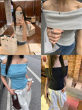 Ebbgo  -  Summer Fashion Stripe Knit T-shirt Women Sexy Off Shoulder Short Sleeve Slim Top Korean Style Casual T-shirts