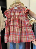 Ebbgo  -  Summer Loose Sweet Shirts Flying Sleeve Wavy Edge Ruffled Edge Doll Blouses Plaid Top Female Vintage Camisas Y Blusas