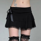 Ebbgo    Black Ruffle Skirt Women Gothic Bow Lace Patchwork Sexy Y2K High Waist A-line Extreme Mini Skirt Fairy Grunge Streetwear