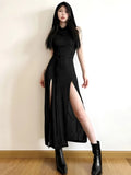 Ebbgo  -  Black Y2k Hooded Sleeveless Long Dresses Women Lace Up Cut Out Backless Dress Streetwear Summer High Split Vestidos Cool Girl