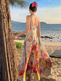 Ebbgo  -  Fashion Floral Print Sexy Backless Long Dresses for Women Summer New Beach Holiday Elegant Party Sleeveless Female Clothing