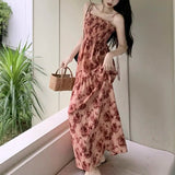 Ebbgo  Vintage Rose Print Belted Maxi Dress Women's Summer 2023 New Design Sense Waist Cinching Fashion Spaghetti Strap Dress