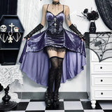 Ebbgo  Dark Gothic Style Purple Sleeveless Halter Train Dress Lace Patchwork Bag Hip Long Dress Elegant Sexy Short Front Long Back