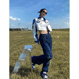 Ebbgo  American Vintage Blue Cargo Jeans Fashion High Waist Pocket Straight Pants High Street Y2K Baggy Wide Leg Denim Trouser Autumn