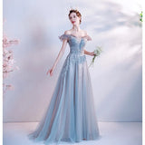 Ebbgo  -  Ball gowns Banquet dress Prom graduation Elegant lace sky blue embroidery Buttefly Princess Off-Shoulder dressesLAS462