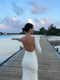 Ebbgo  -  Elegant Open Back Beach Knitted Maxi Dress Women Sexy Round Neck Long Sleeve Slim Vestidos Fashion Summer Vacation Female Robes