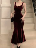 Ebbgo  -  Evening Party Prom Long Dress Women Solid Velvet Sleeveless Wrap Hip Mermaid Dresses French Elegant New Fashion Vestidos Mujer