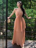 Ebbgo  -  Summer Fashion Pleated Beach Long Dresses New Elegant Spaghetti Strap Vacation Ruffles Holiday Sundress Female A line Robe