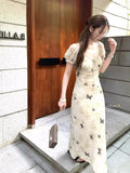 Ebbgo  -  Summer New Women Square Collar Dress Puff Sleeve Butterfly Print Slim Dresses Fashion Vintage Style Elegant Long Dress