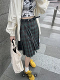 Ebbgo  Korean style Preppy Fashion Vintage Plaid Summer Women Midi Skirt High Waist Pleated A-line Temperament Loose Y2K Skirt