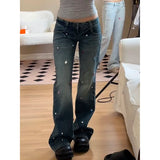 Ebbgo  Vintage Flare Low Waist Jeans Women Y2k Design Sequins Streetwear Female Korean Style Harajuku Slim Pants Wide Leg Trousers New